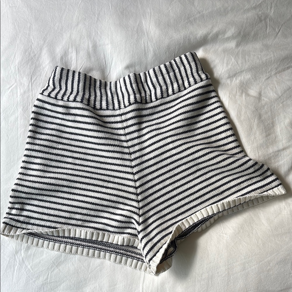 Navy and White Knit High Waist Striped Shorts